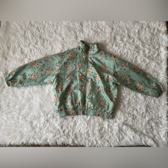 VTG EVR 100% Silk Pink/PeachFloral Mint Green Bomber Spring Lightweight Jacket - Picture 1 of 15